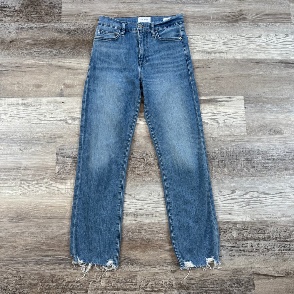 FRAME Le High Straight Light Wash Jeans Raw Hem 27 Designer Quiet Luxury Capsule